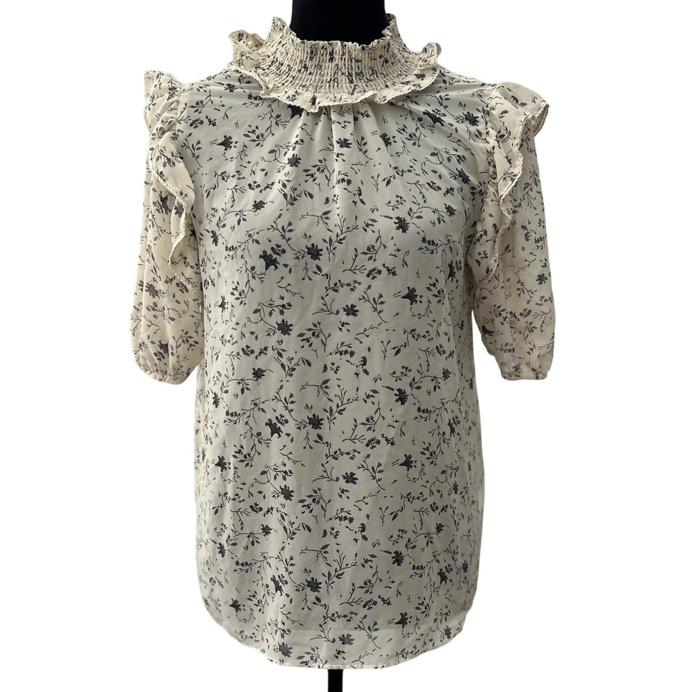 T Tahari Floral Smocked Mock Neck Ruffle Blouse Cream Black Short Sleeve Top